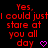 Red pixelated text on black background with pink heart symbol, displaying 'Yes. I could just stare at you all day' in two identical side-by-side