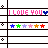 Pixelated text "I LOVE YOU" with heart symbols in pink and blue, followed by a rainbow star sequence on white background.