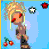 Animated contact sheet of a pixel art doll character with blonde hair and red eyes across multiple frames showing pose changes, set against blue sky background with cherry props and floating icons on yellow text panels.