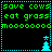 Green text reads 'save cows eat grass mooooooo' on black background with cyan border; two identical frames show tree and star icons in bottom corners.
