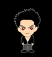 Chibi-style character with spiky black hair, red eyes, black jacket, gray pants, and a neutral expression against a black background.
