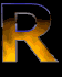 Three vertical display identical large orange-yellow gradient 'R' letters with blue outlines on black backgrounds, each showing a different frame of animation