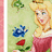 Pixelated image of a blonde woman in a red dress with white trim, standing beside blue and red flowers on a light green background.