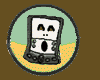 Circular icon with green upper half and yellow lower half, featuring a cartoon robot face on brown background.