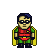 Pixelated character in red vest, green sleeves, yellow cape, and dark pants with a black mask covering eyes.