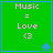 Green square with blue border displays "Music = Love <3" text and blue pixelated alien in bottom-right corner.