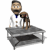 Pixelated figure in white lab coat with blue tie stands behind gray table holding brown dog on dark surface.