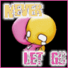 Animated contact sheet showing two frames of a cartoon character with yellow head and pink body holding hands to face, accompanied by text "NEVER LET GO" in changing colors.