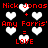 Red text and white hearts on black background with repeated 'Nick Jonas + Amy Farris' = LOVE', static image.