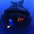 Pixelated blue background with dark silhouette of a figure holding two small fish, one red and one yellow.