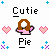 Pixel art icon with "Cutie" and "Pie" text above and below a central character, flanked by pink hearts and blue plus signs on white background.