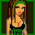Pixel art contact sheet showing a female character with green headband and black top across multiple text panels in dark green background.