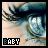 pixelated close-up images showing a person's eyes with blue irises and dark eyelashes, each containing text at the bottom