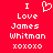 Red background with white pixelated text reading "I Love James Whitman xoxoxo" and a heart symbol above the name.