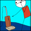 A cartoon character with a red shirt and white face vacuums while text alternates between 'HA HA' and 'SUCKS TO BE YOU'.