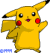 Yellow cartoon character with red cheek circles, black-tipped ears and tail, standing in a of four by four against gray background