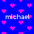 Blue background with scattered pink pixelated hearts and repeated white text reading 'michael' in four locations.