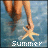 A pixelated image of a person's legs and feet holding a starfish in shallow water, with the word 'Summer' at the bottom.