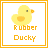 Pixelated yellow duck with orange beak and belly, framed by orange border, with "Rubber Ducky" text below in matching orange pixel font.