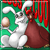 Pixelated image of two cartoon animals in festive attire against a green and red background with a brown circular object on the left.