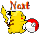 Pixelated yellow Pikachu with brown stripes holds a Poké Ball, standing beneath orange 'Next' text on white background.