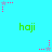 A static image with a bright cyan background featuring repeated green 'haji' text and pink star-shaped icons with dotted trails.