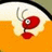 Red and white cartoon character with antennae and a small mouth, set against a yellow and white background.