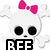 Pixelated white skull with pink bow, black eyes and mouth, crossbones on white background; text elements appear in some frames.