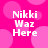 Pixelated text 'Nikki Waz Here' on a pink background with lighter pink circles, displayed in four identical quadrants.