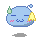 Pixelated blue character with closed eyes, pink cheeks, green horns, and yellow bell-shaped object near its face, set against gray background.