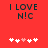 Red background with black text "I LOVE N!C" and five white/pink pixelated hearts below, two versions showing heart animation changes.