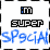 Static pixel art icon with a white background, black border elements, and three distinct text sections: 'IM' in small gray-blue letters at top center, 'SUPER' in large bold black letters below it, and 'SPECIAL' in blue cursive script at bottom.