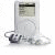 Pixelated grayscale image of a white portable media player with a screen and earphones, rendered in low-resolution style.