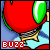 Red apple-shaped character with green leaf, metallic ring, and yellow star base, labeled BUZZ in red text on blue background.