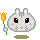 A 4-frame pixel art animation of a white hamster-like character with pink cheeks, black eyes, and green leafy details on its face holding an orange flower in various poses including winking and heart symbols.
