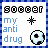 Pixelated graphic with blue checkered border, featuring soccer ball text, 'my anti drug' in light blue letters, a star symbol, and a soccer ball icon.