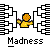 Pixelated character with orange head and yellow body stands between two black maze-like structures on gray background, below text reading 'Madness'.