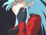 Anime character with light blue hair in red and black outfit, showing hand gestures with glowing effects against dark background.