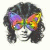 A person with dark curly hair wears a rainbow-colored butterfly mask over their eyes, displayed in six positions