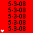 Red background with repeated black text '5-3-08' and scattered white asterisk symbols in various quantities.
