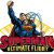 Superman figure in blue suit with red cape and yellow belt, raising right fist against a white background with golden circular patterns beneath him.