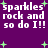 Purple background with white text reading 'sparkles rock and so do I!!' repeated four times, surrounded by green plus signs.