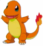 Orange bipedal dinosaur with yellow belly, green eyes, and flame on tail; four poses show flame color variations from red to yellow.