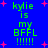 Blue background with green text reading 'kylie is my BFFL !!!!!' and pink star shapes scattered throughout.