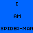 Blue background with black text and red rectangular bars; animated sequence shows alternating positions of 'I AM' text blocks over red bars.