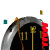 Animated sequence showing a clock face with yellow numerals and hands, red spiral decorations, and scattered colored pixels shifting positions across frames.