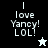 Pixelated text 'I love Yancy! LOL!' appears on black, gray, and white backgrounds with a small star icon changing from white to black.