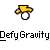 A static contact sheet showing two identical frames of a pixelated yellow running stick figure icon with white ball, accompanied by text promoting 'badassbuddy.com' and the name 'DefyGravity'.
