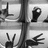 Black-and-white animated icon featuring multiple heart symbols, a hand gesture with two fingers raised, and stylized text elements in the background.