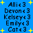 Blue background with yellow stars and black text listing names followed by '<3' symbols in a
